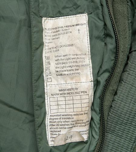 British modular "Defence 4" sleeping bag, surplus. The washing cycle tag some instructions.